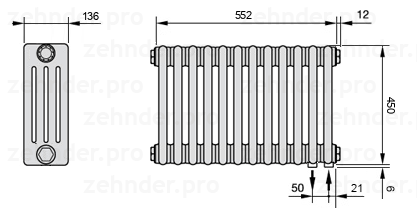 Схема (чертеж) Радиатор Zehnder Charleston 4045/12 №5510 Белый глянцевый RAL 9016